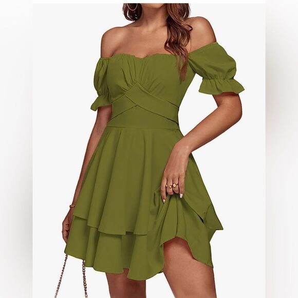 Tie Back Off Shoulder Wrap Layer Ruffle Short Sleeve Mini Dress 016 - Picture 1 of 5